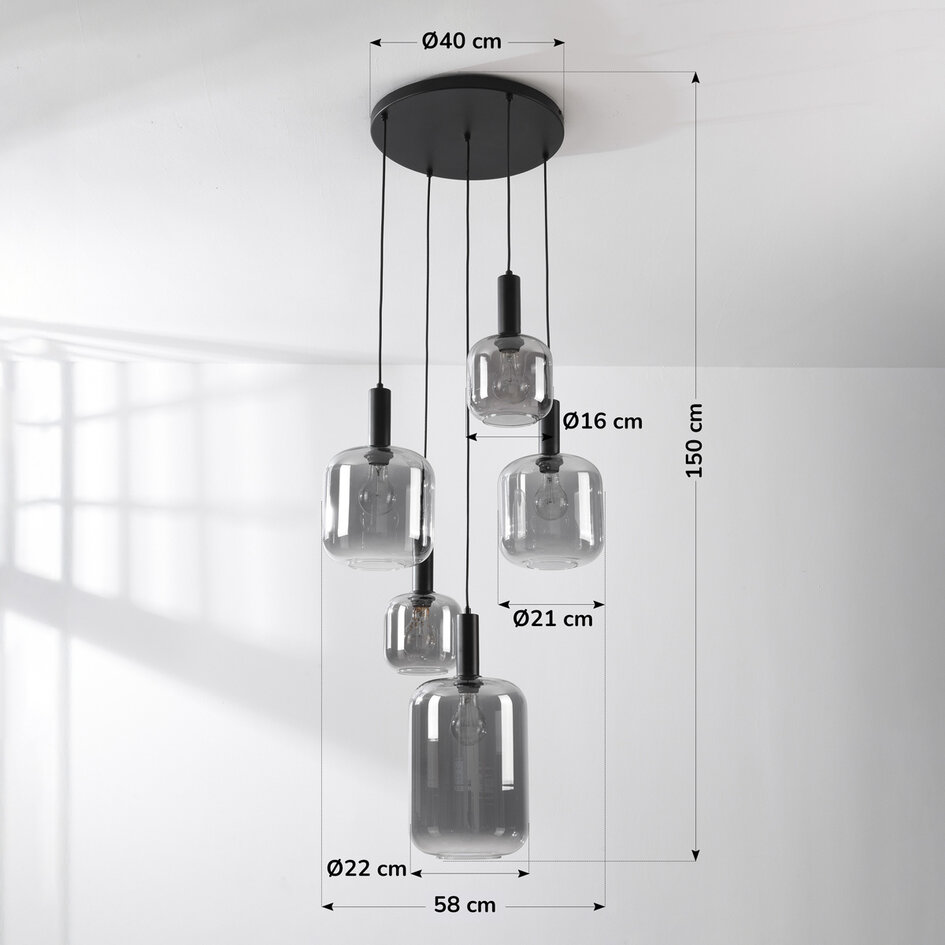 Lampe suspendue Rustique 5 lumières avec verre fumé et fixation noire
