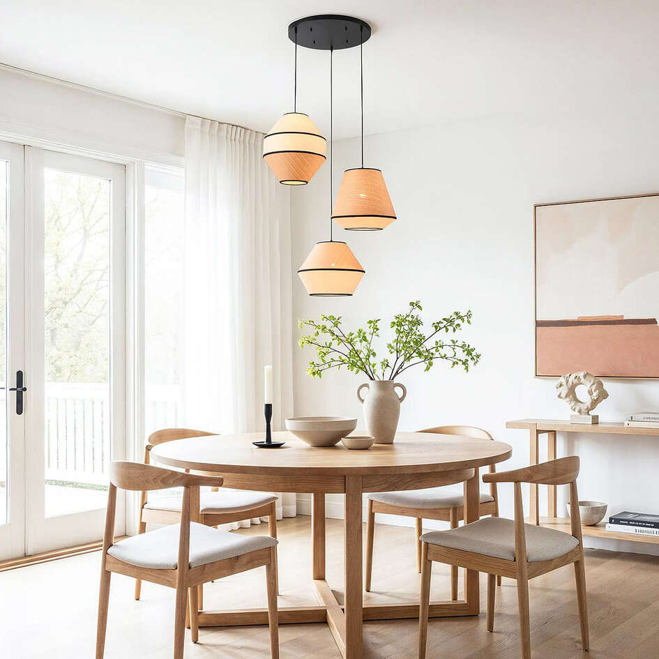 Lampe suspendue Japandi à 3 lumières Rep avec abat-jour naturels en tissu et corde tressée