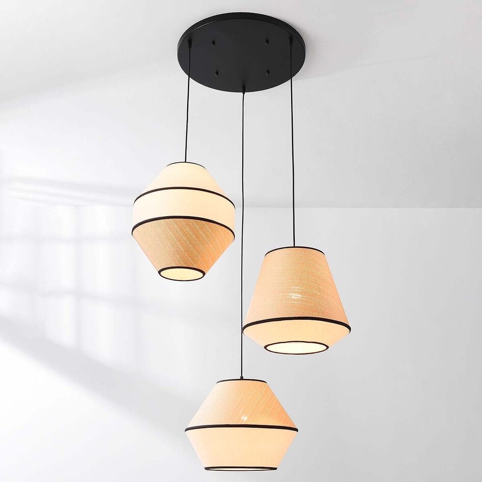 Lampe suspendue Japandi à 3 lumières Rep avec abat-jour naturels en tissu et corde tressée