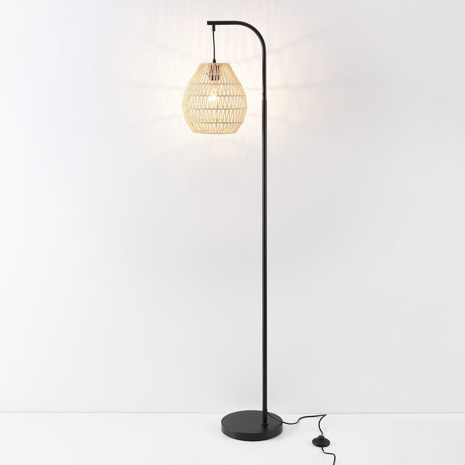 Lampadaire à arc Lys noir avec abat-jour naturel