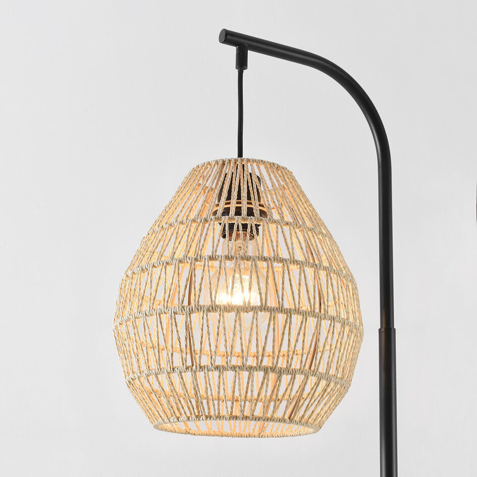 Lampadaire à arc Lys noir avec abat-jour naturel