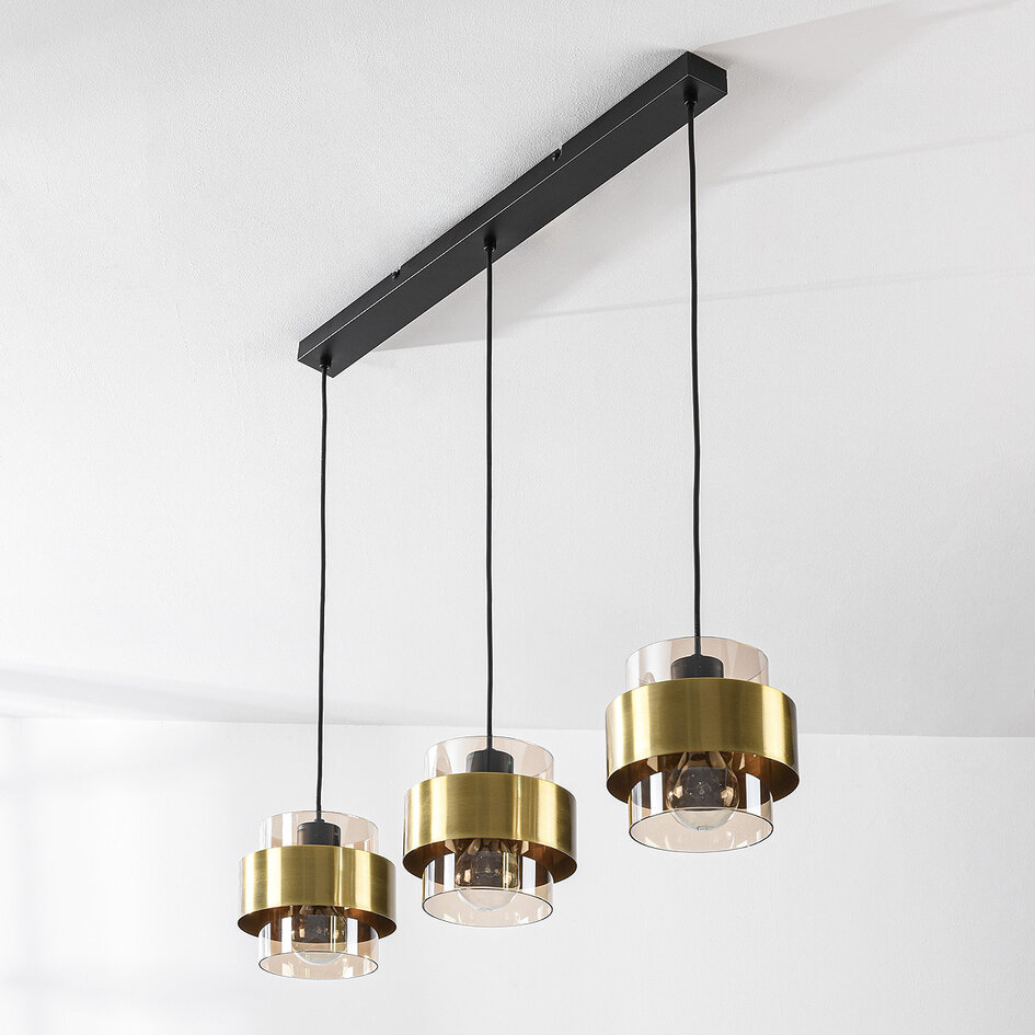 Lampe suspendue contemporaine Faey 3 lumières et verre ambré