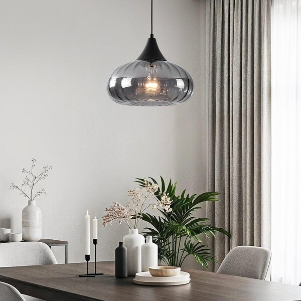 Lampe suspendue Ori noir avec verre fumé rayé