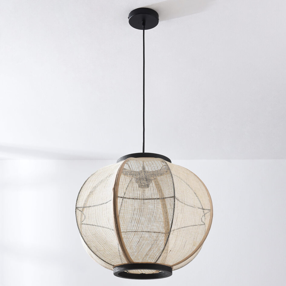 Lampe suspendue Japandi Chairo - lin naturel et bois noir