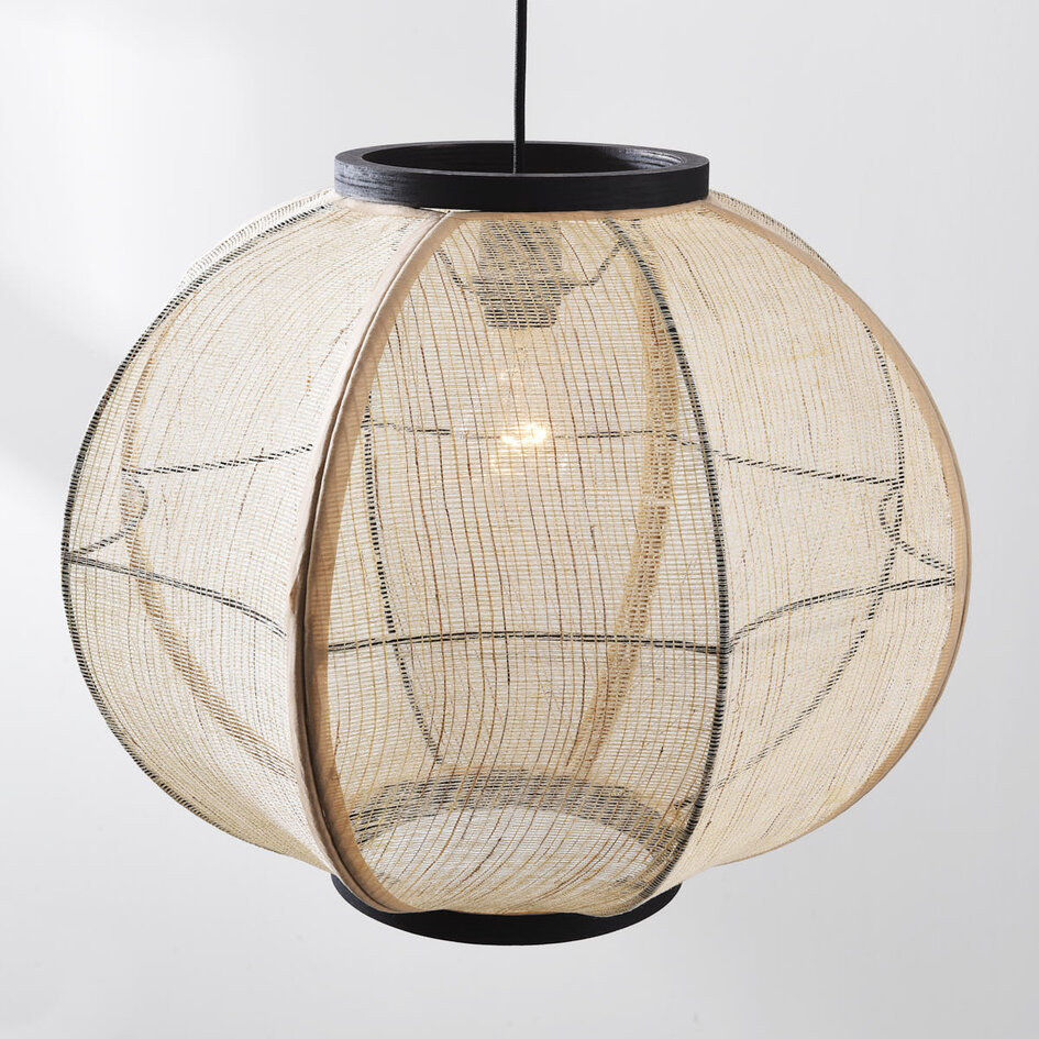 Lampe suspendue Japandi Chairo - lin naturel et bois noir