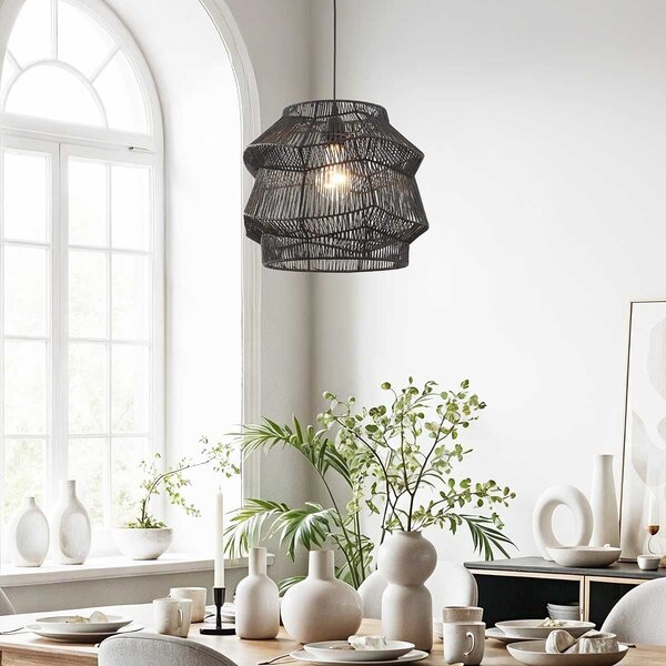Lampe suspendue boho Noru en papier tressé noir
