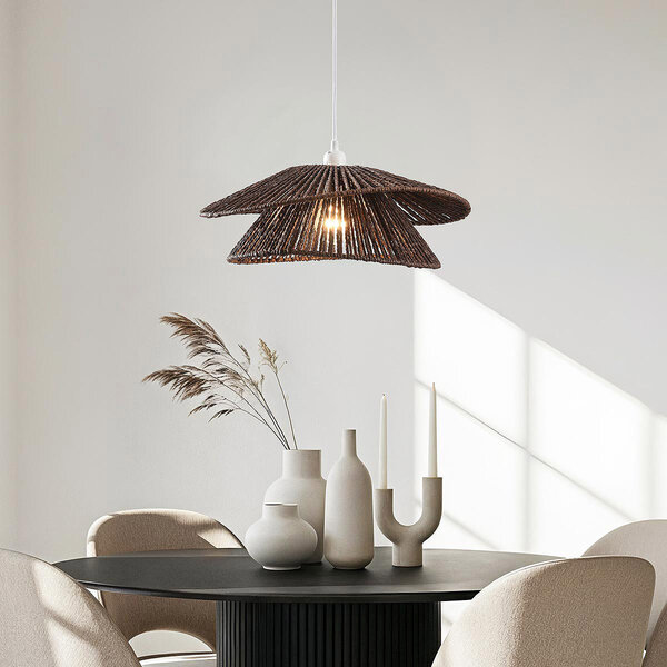 Lampe suspendue naturelle Osaka en corde brune avec fixation blanche