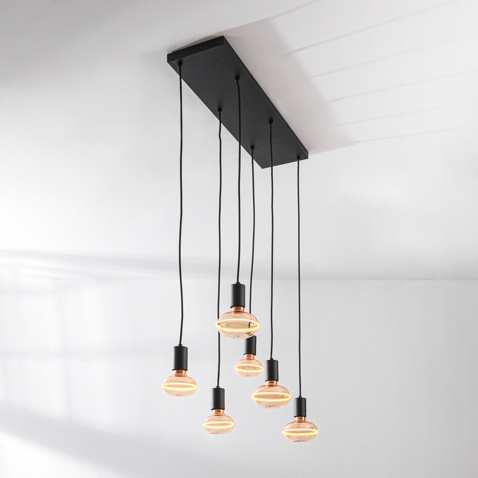 Suspension industrielle à cordon Nivelle à 6 lumières avec ampoules E27 à intensité variable - noir
