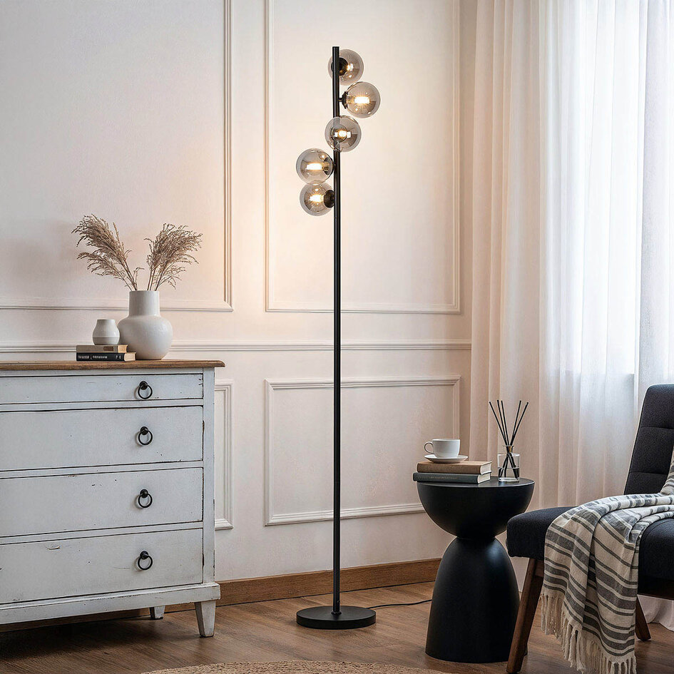 Lampadaire Tyson noir avec verre fumé, 5 lumières