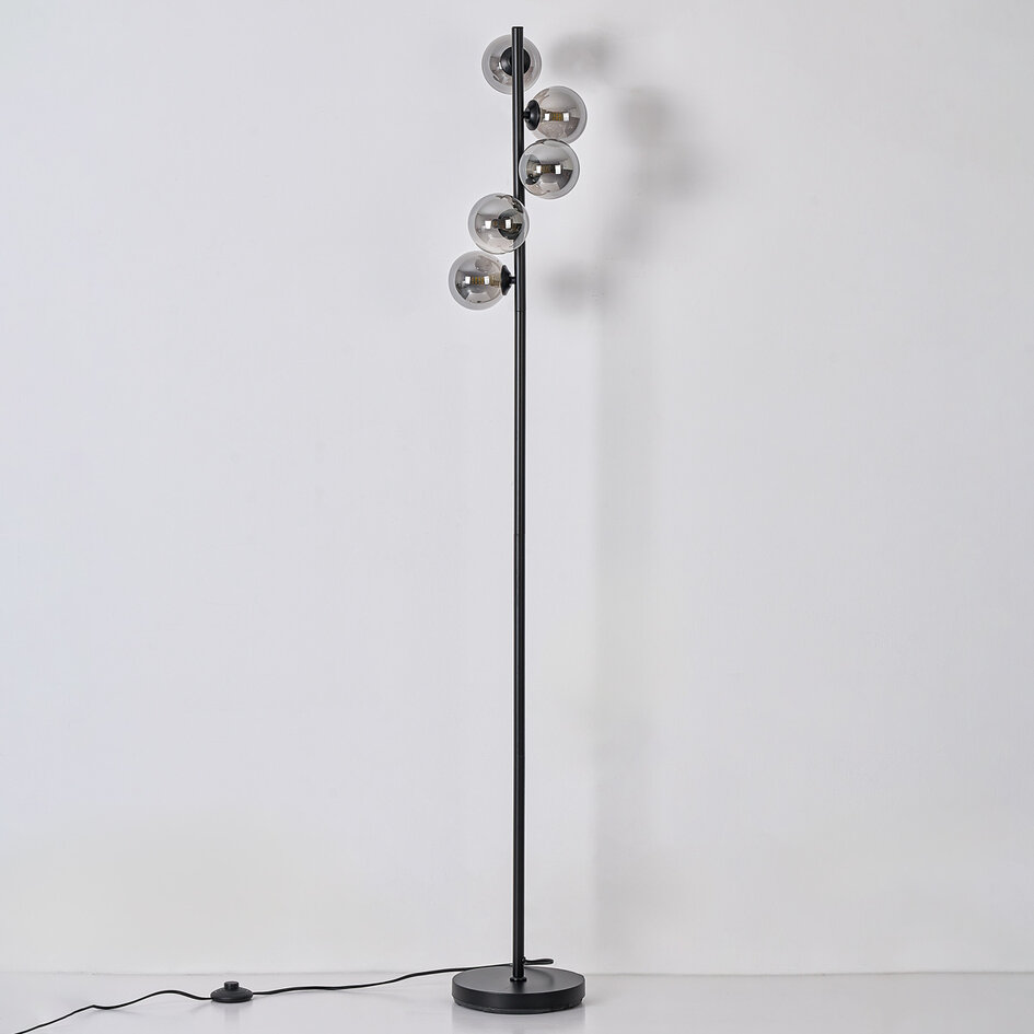 Lampadaire Tyson noir avec verre fumé, 5 lumières