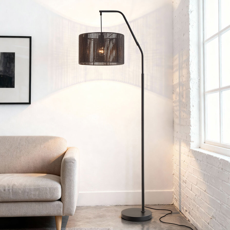 Lampadaire Yoko noir avec abat-jour en papier cordé, 1 lumière