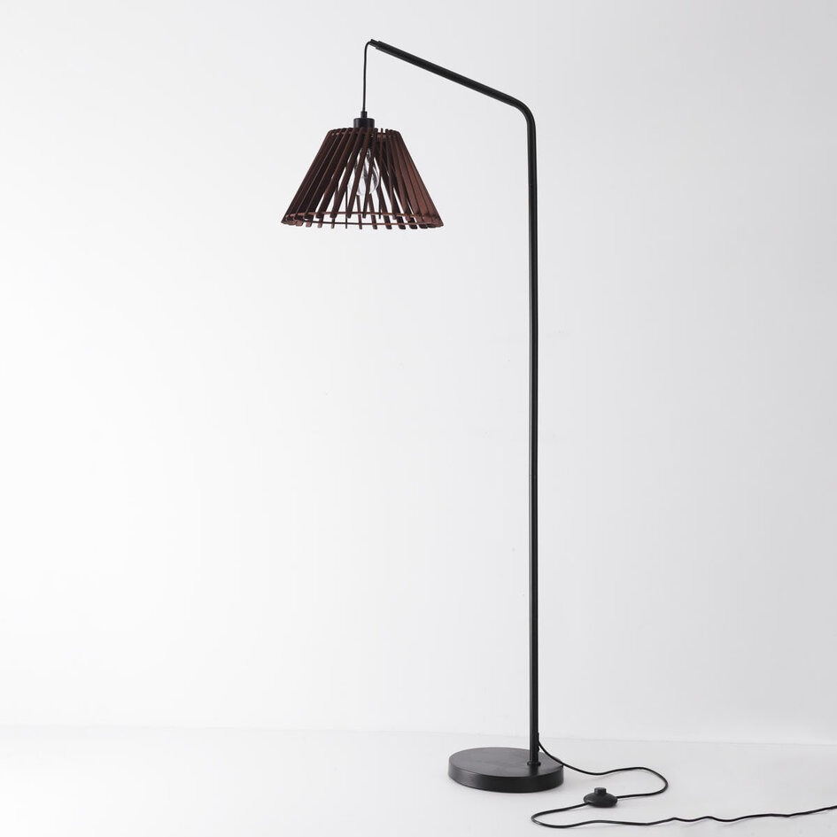 Lampadaire Ibis noir avec abat-jour en bois, 1 lumière