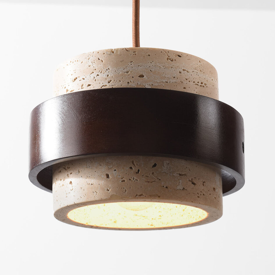 Suspension naturelle à 3 lumières Travé en travertin (pierre naturelle) et bois