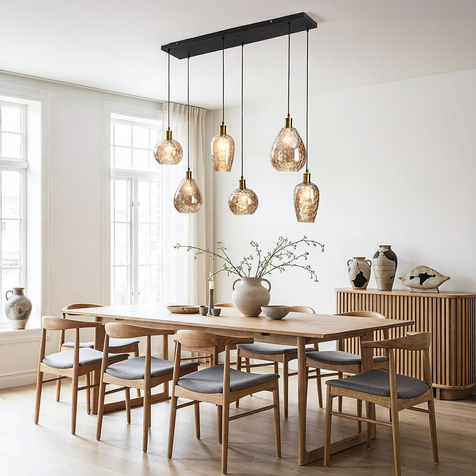 Lampe suspendue Nilo - 6-lumières en verre ambré et détail convexe