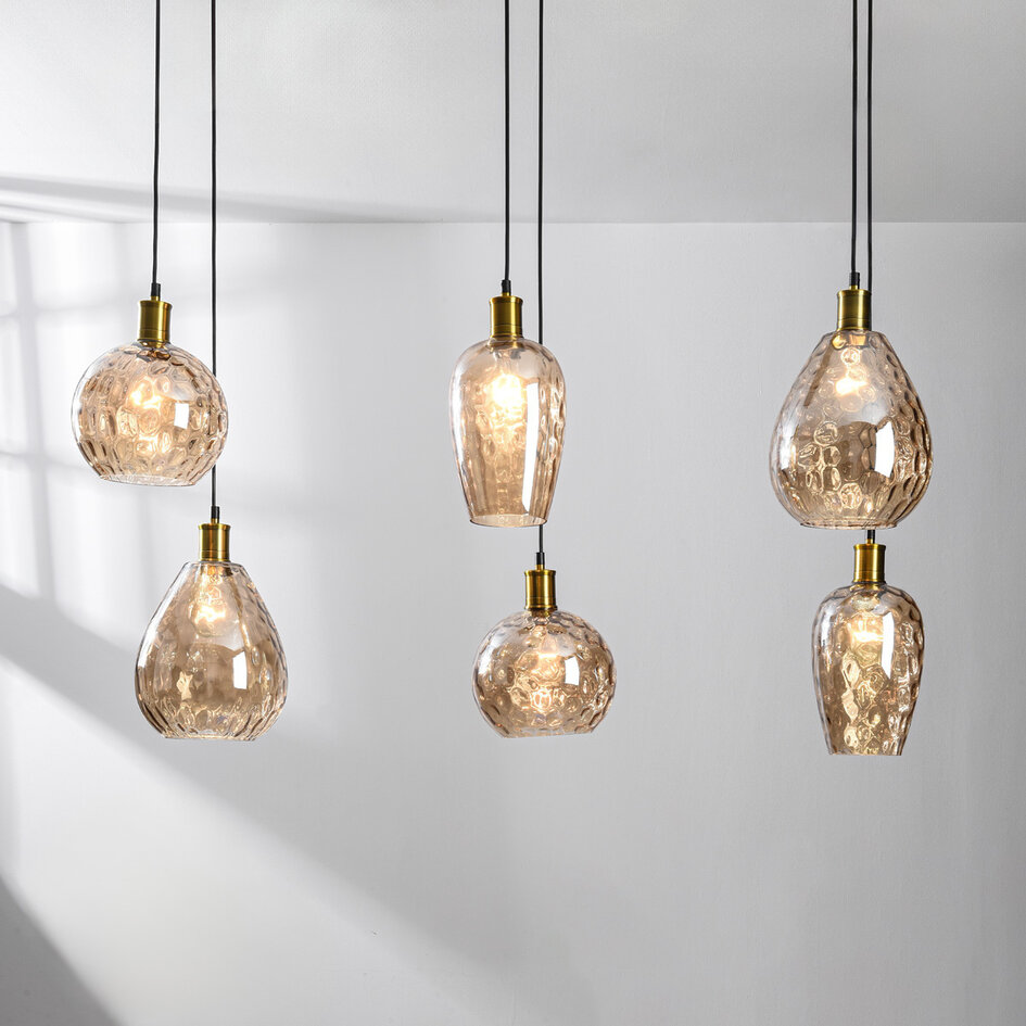 Lampe suspendue Nilo - 6-lumières en verre ambré et détail convexe