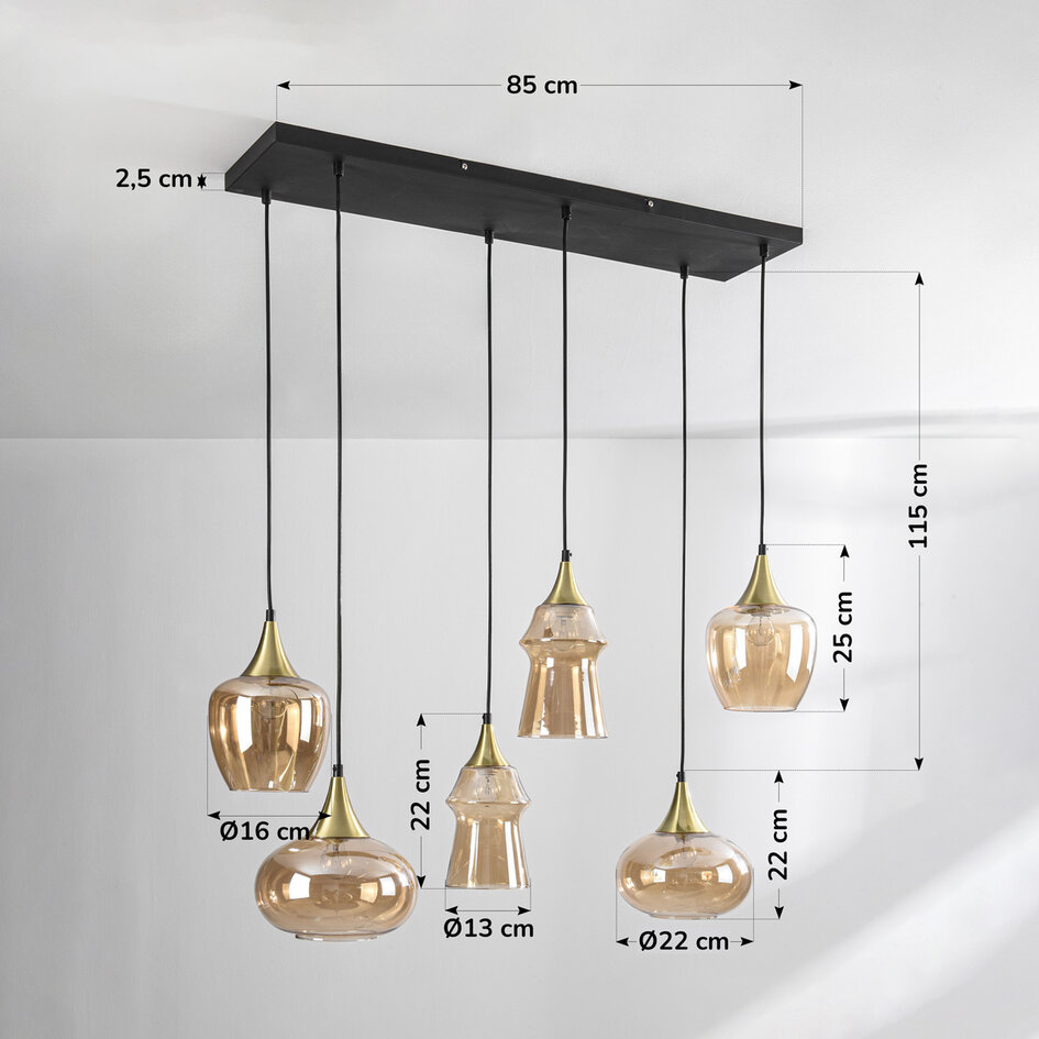 Lampe suspendue Lior or avec verre ambré de différentes formes - 6 lumières
