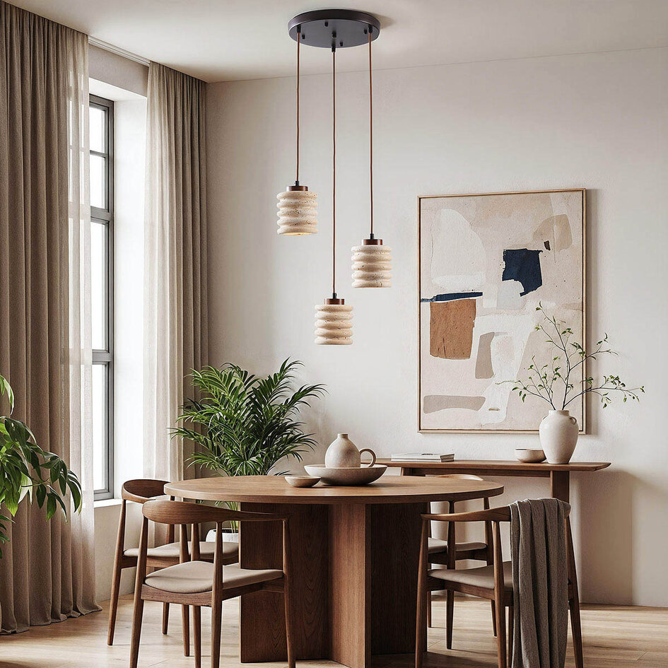 Suspension cylindrique à 3 lumières Alva en travertin (pierre naturelle)