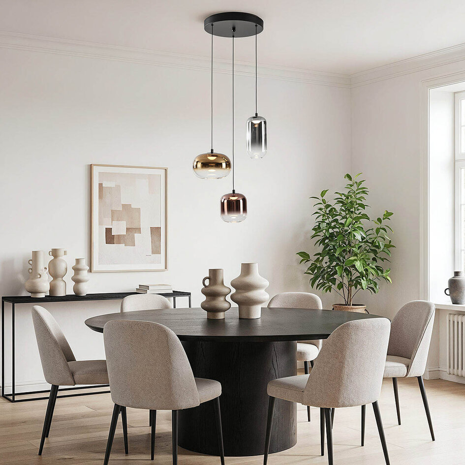 Suspension Kafei à 3 lumières avec LED, variateur à 3 niveaux et abat-jours en verre doré, fumé et cuivré