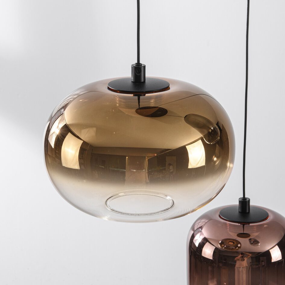 Suspension Kafei à 3 lumières avec LED, variateur à 3 niveaux et abat-jours en verre doré, fumé et cuivré