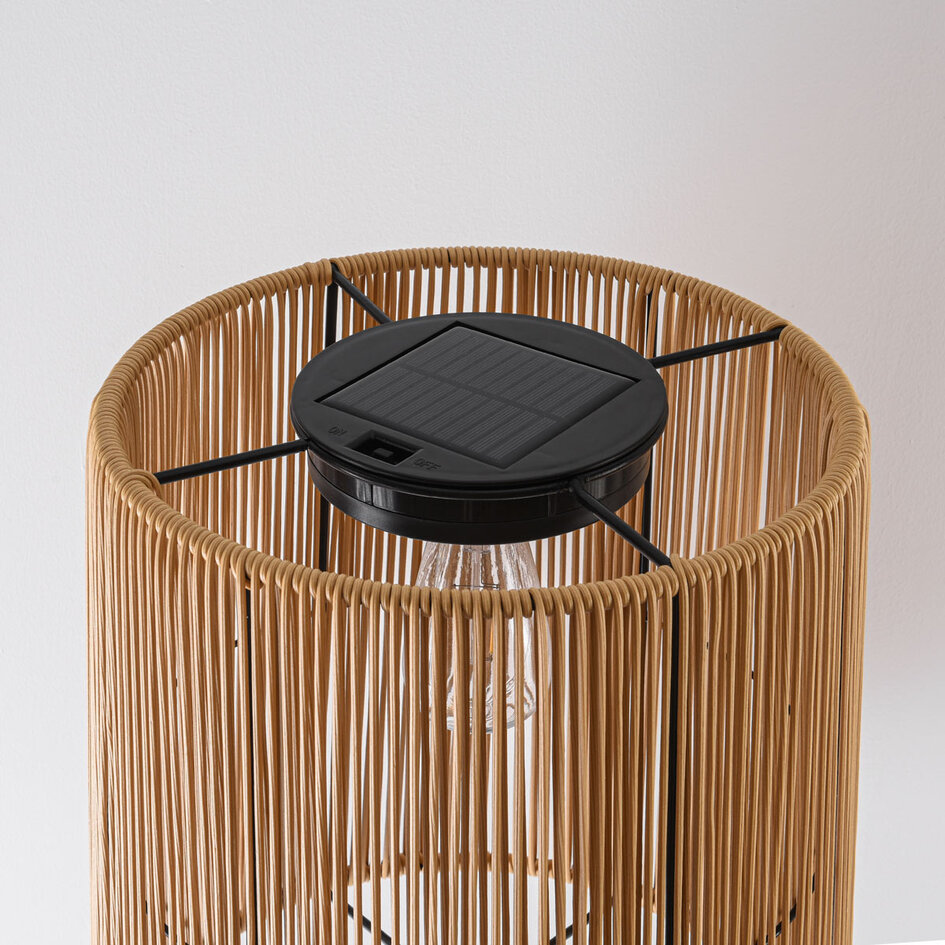 Lampadaire solaire Elyra avec abat-jour aspect rotin - noir et brun naturel