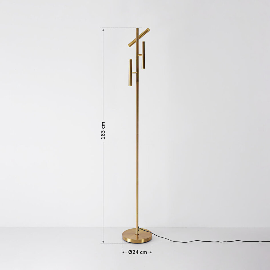 Lampadaire de luxe Zhan doré avec 3 spots, variateur tactile et éclairage haut/bas