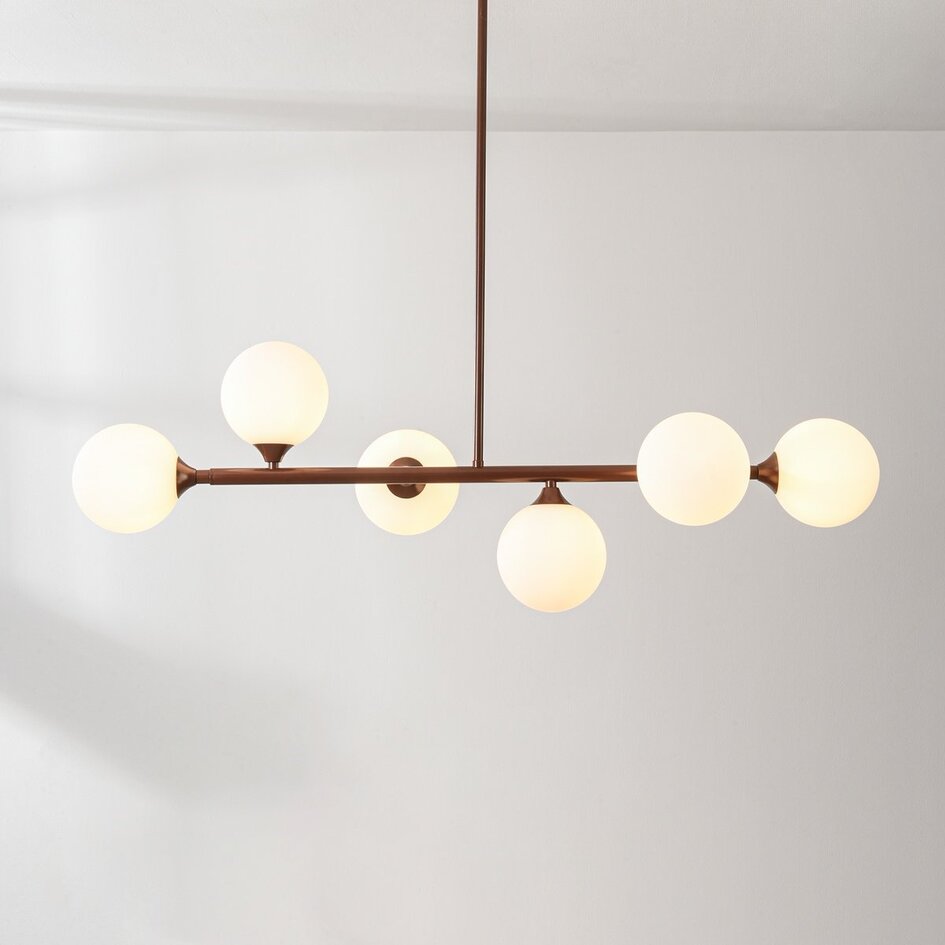 Suspension design Aster - brun avec verre blanc laiteux, 6 lumières