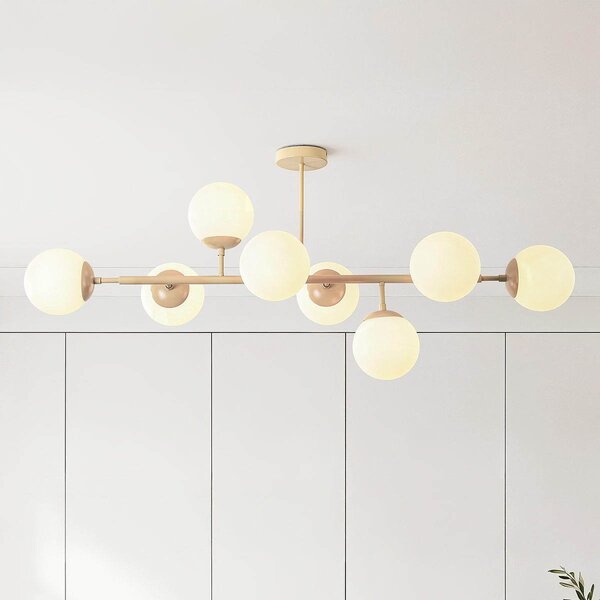 Plafonnier design Osem beige avec boules en verre blanc laiteux - 8 lumières