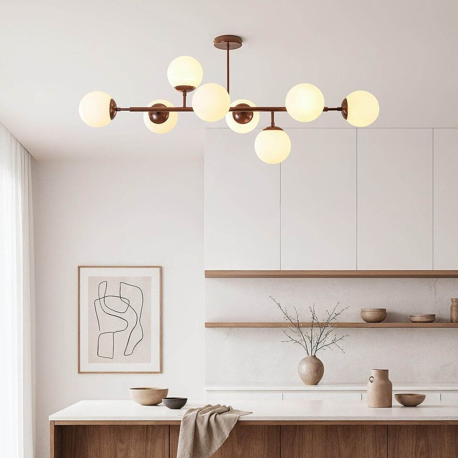 Plafonnier design Osem brun avec boules en verre blanc laiteux - 8 lumières