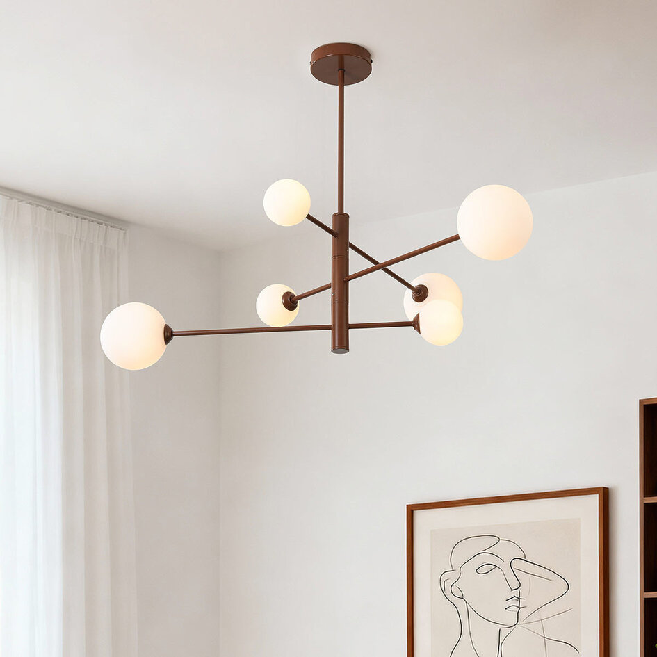 Plafonnier design Sest brun avec verre blanc laiteux - 6 lumières