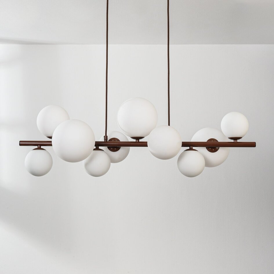 Suspension design Deka marron avec verre blanc laiteux, 10 lumières