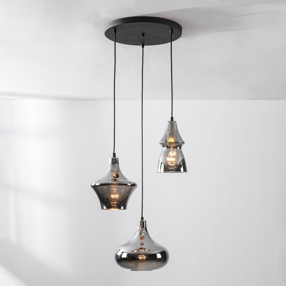 Suspension moderne Calypso à 3 lumières - noir et verre fumé