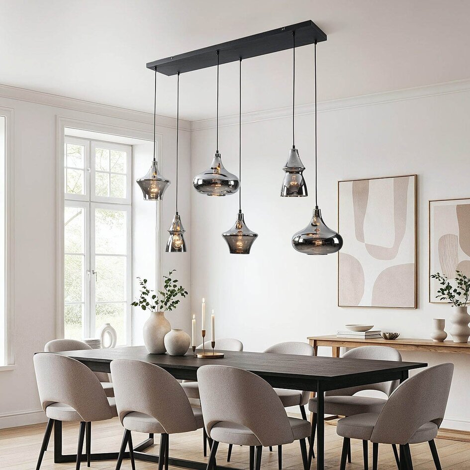 Suspension industrielle Calypso noire avec six abat-jours en verre fumé