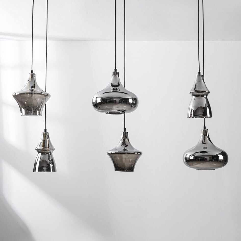 Suspension industrielle Calypso - noir, six abat-jour en verre fumé
