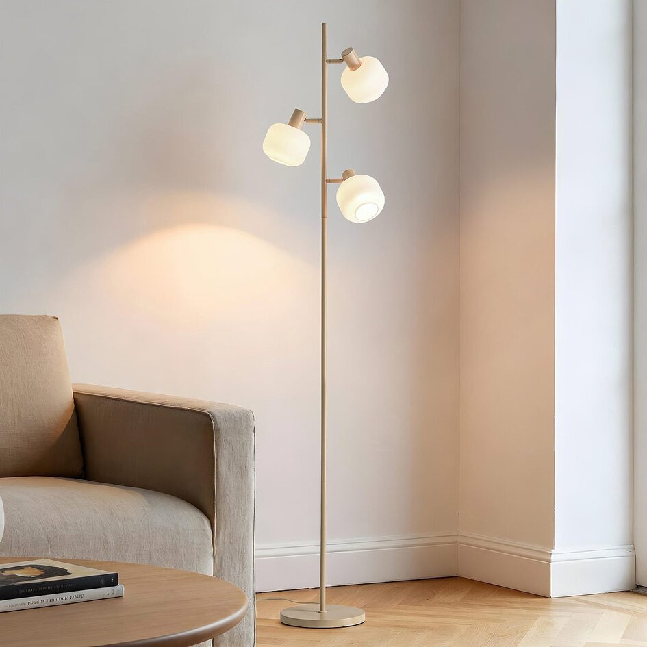 Lampadaire Jesse beige avec verre blanc laiteux, 3 lumières