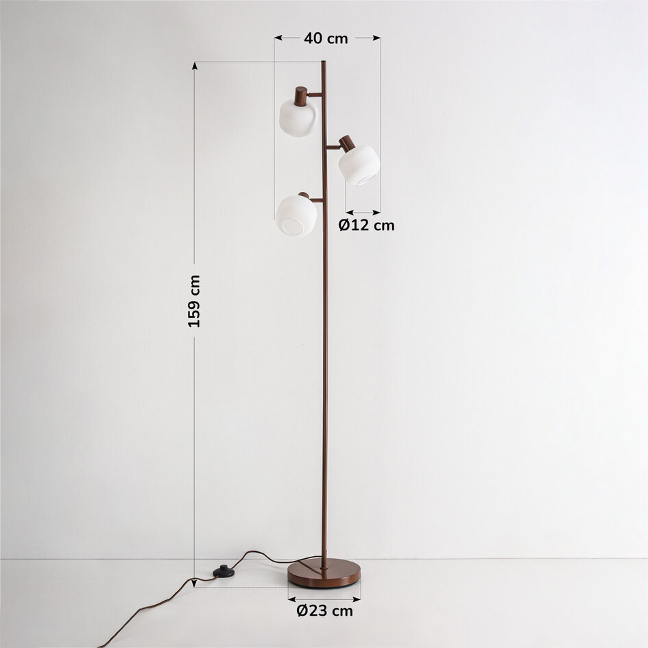 Lampadaire Jesse brun avec verre blanc laiteux, 3 lumières