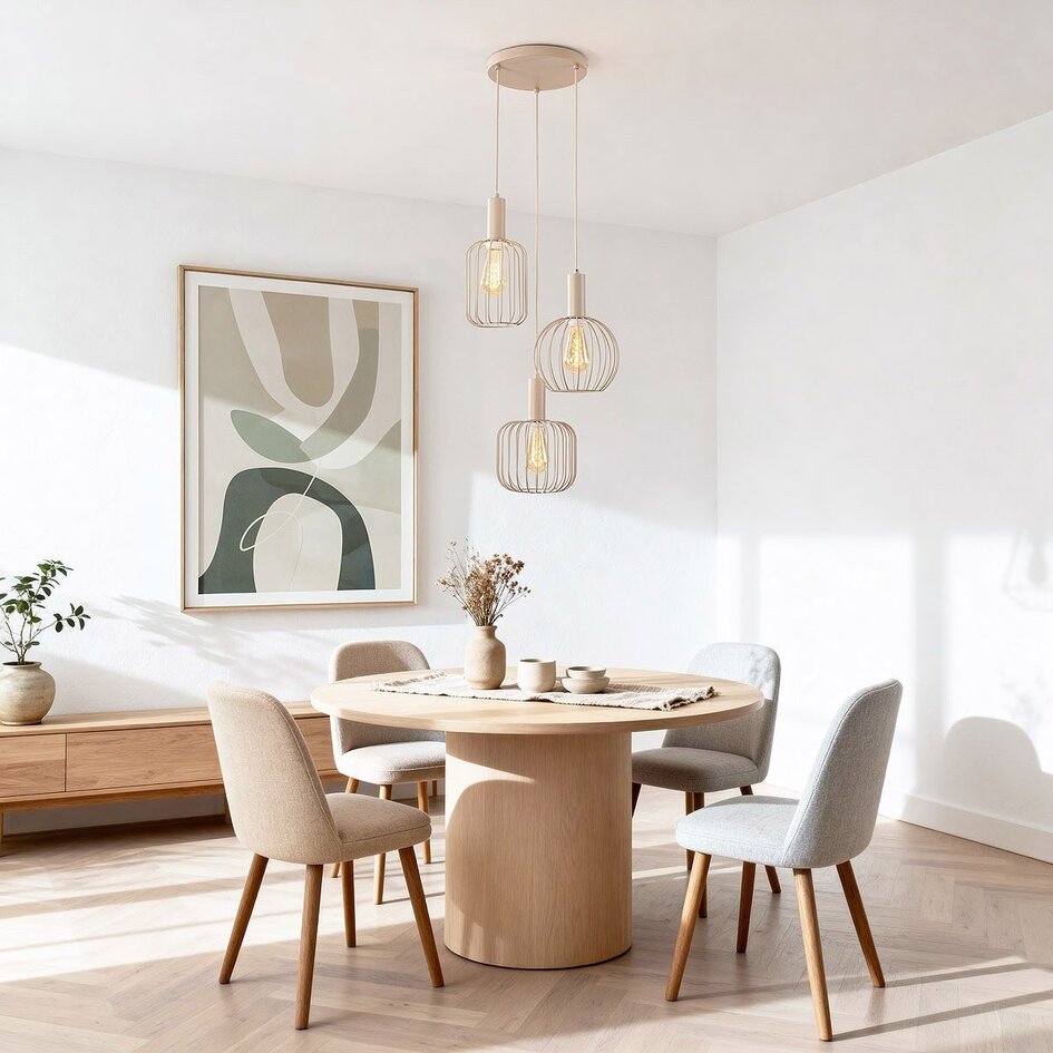 Suspension moderne Nudea avec abat-jours métalliques beiges, 3 lumières