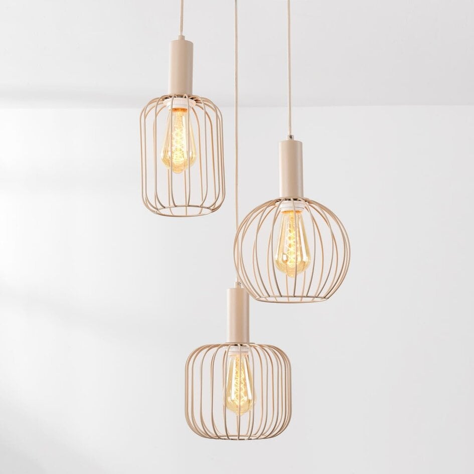 Suspension moderne Nudea avec abat-jours métalliques beiges, 3 lumières