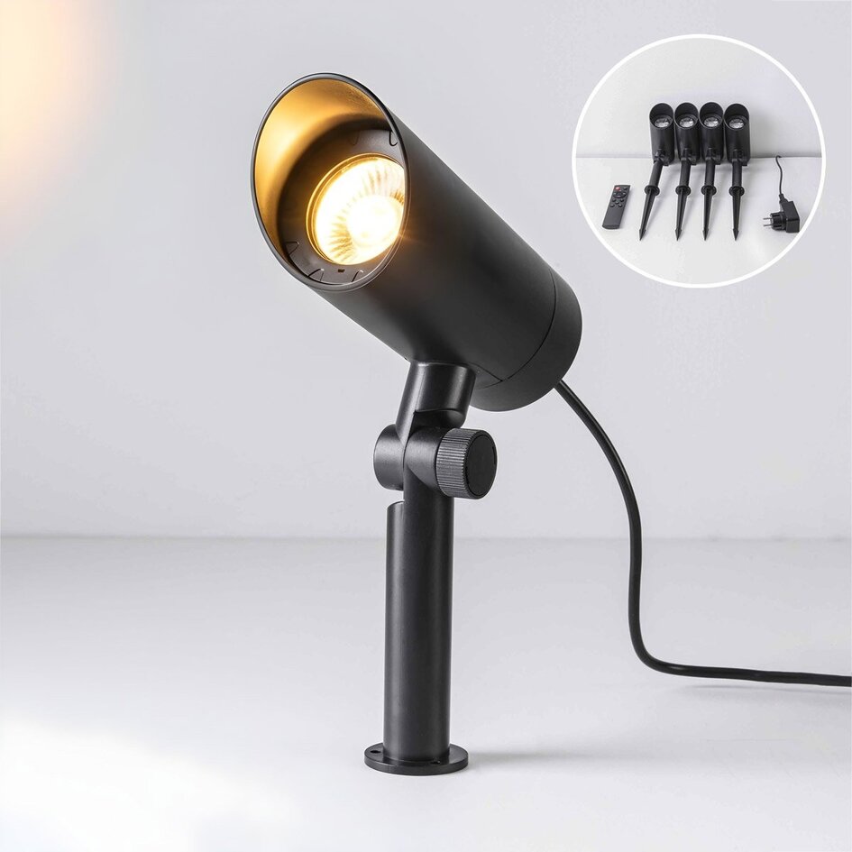 Lot de 4 spots de jardin modernes et inclinables avec télécommande – noir