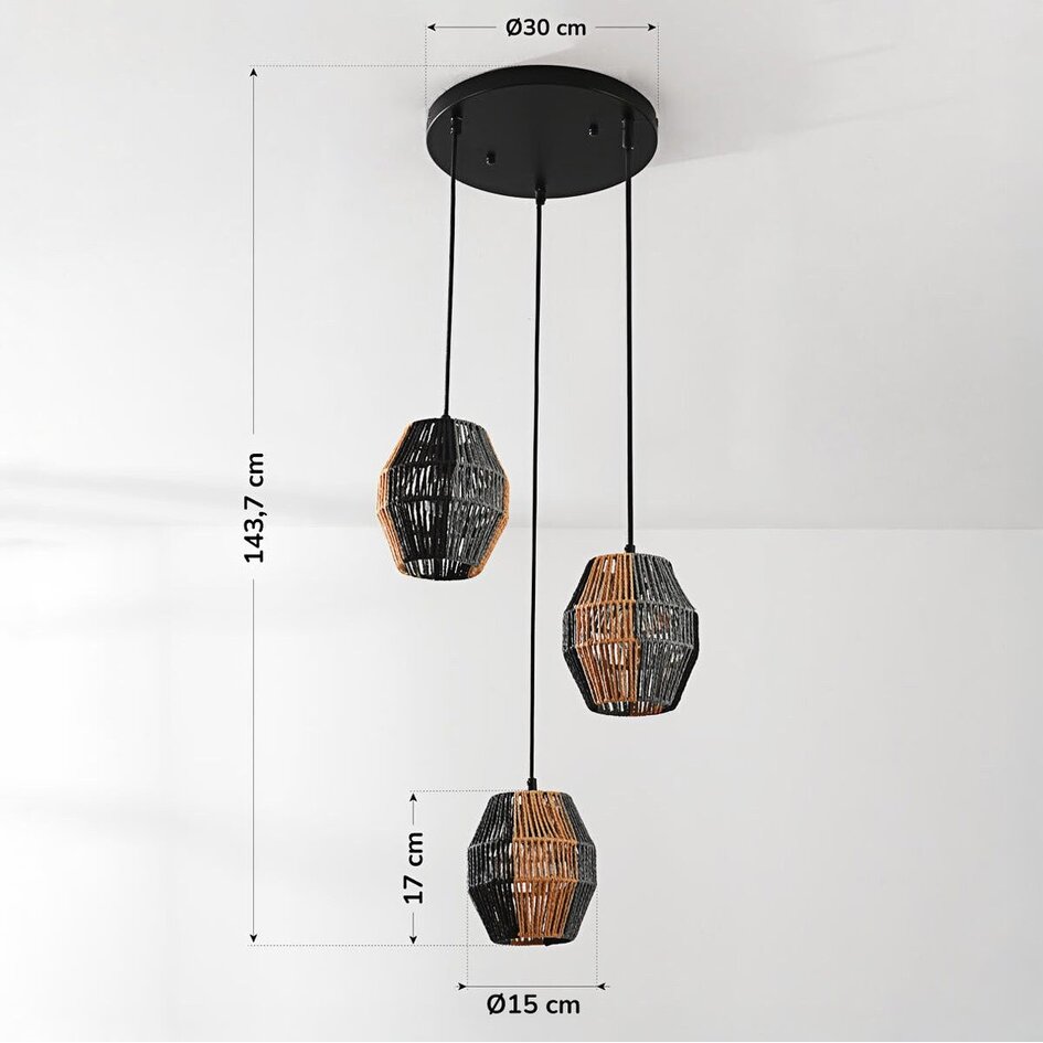 Suspension Lumra à 3 lumières - corde noire et naturelle