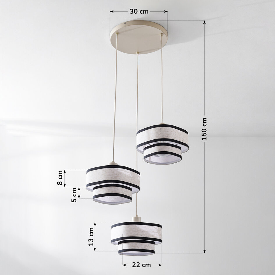 Suspension à 3 lumières Luxin avec double abat-jour en lin – blanc cassé avec accents noirs
