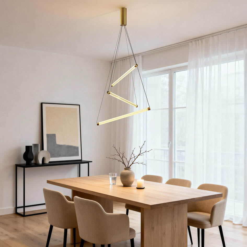 Suspension design Noqta avec 3 barres lumineuses en laiton doré – dimmable par triac
