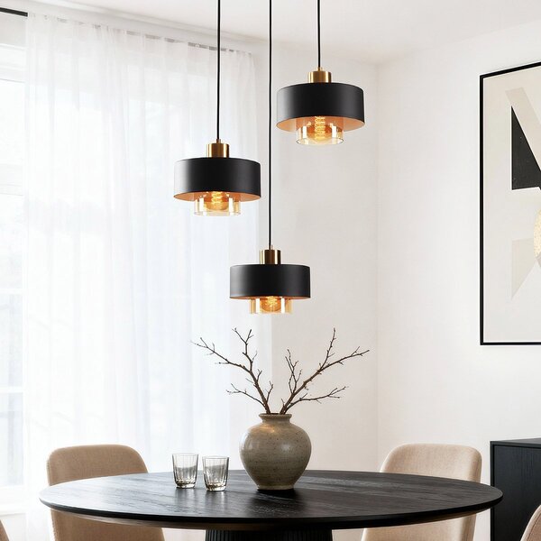 Suspension Ferra à 3 lumières - noir, verre ambré et détails en laiton