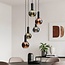 Suspension Imme à 5 lumières - verre fumé bleu-gris, vert et cuivré