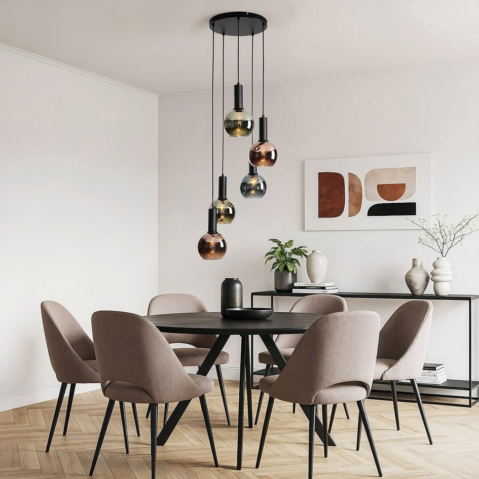 Suspension design Imme à 5 lumières avec verre gris-bleu fumé, vert et cuivré