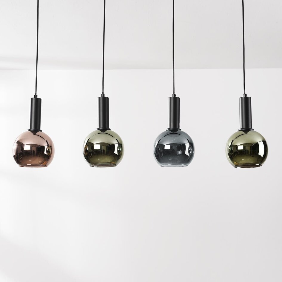 Suspension à 4 lumières Imke avec verre gris-bleu fumé, vert et cuivré