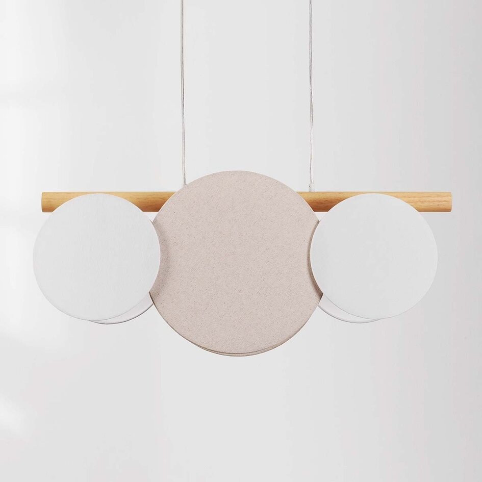 Suspension moderne à 3 lumières Zenna – lin naturel avec accents bois et blancs