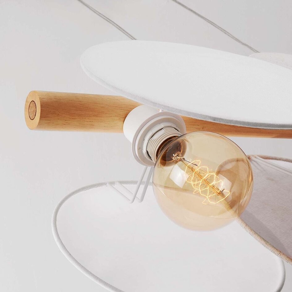 Suspension moderne à 3 lumières Zenna – lin naturel avec accents bois et blancs