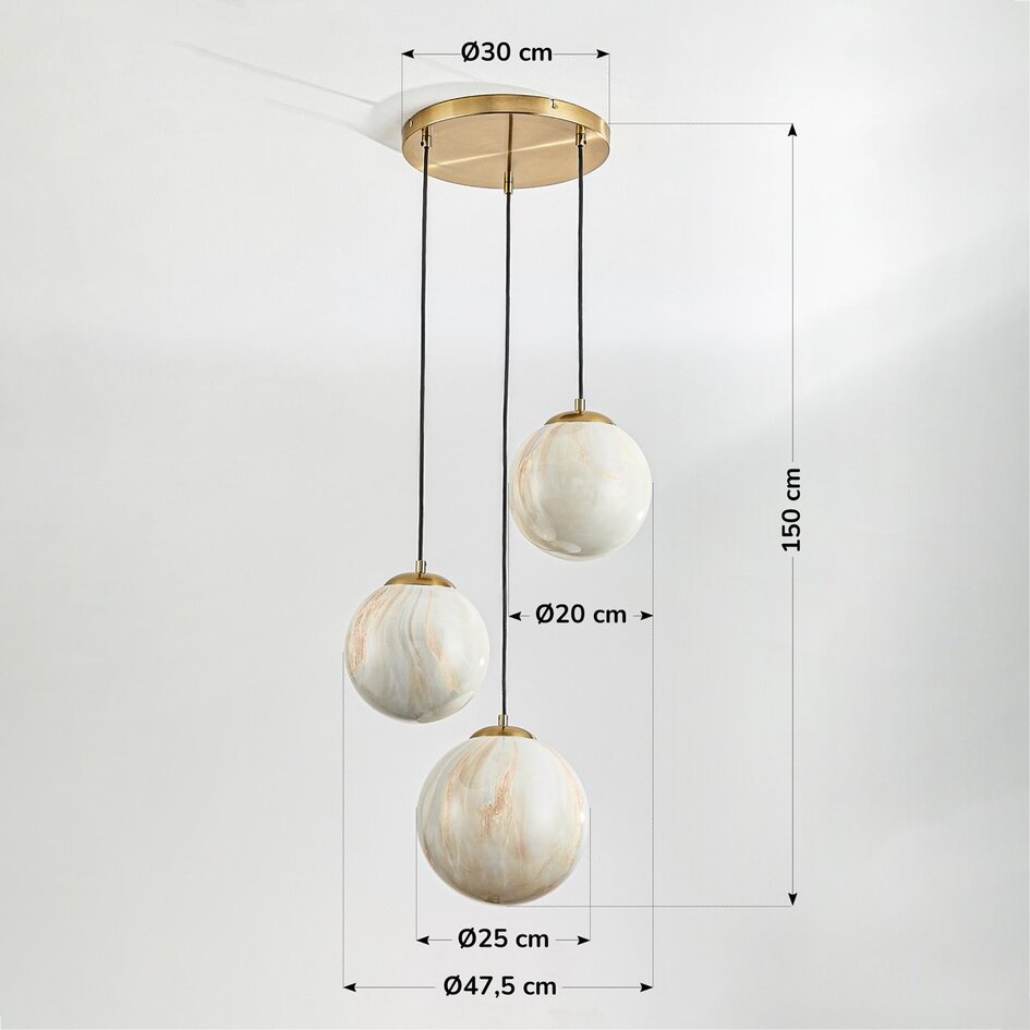 Suspension Tessra à 3 lumières - cascade de verre aspect marbre et laiton doré