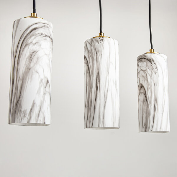 Suspension Vetra avec abat-jours en verre aspect marbre 5 lumières – laiton doré et noir