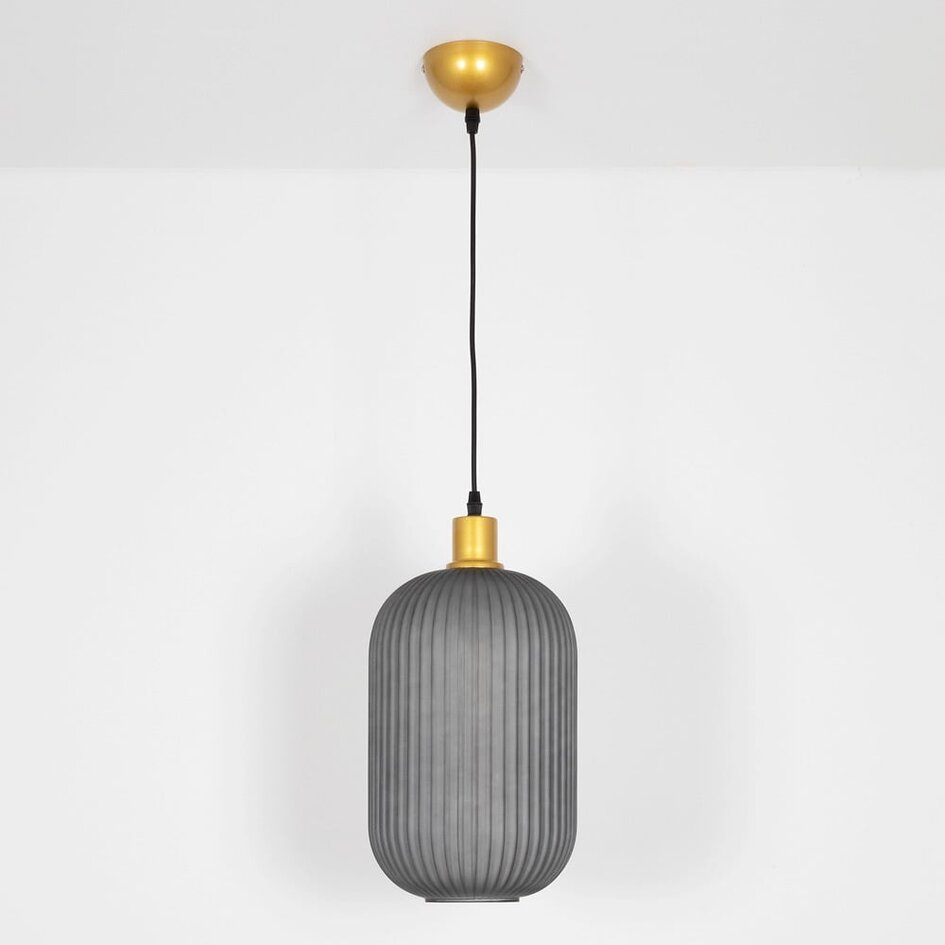 Suspension rétro Doran en verre nervuré - gris et doré